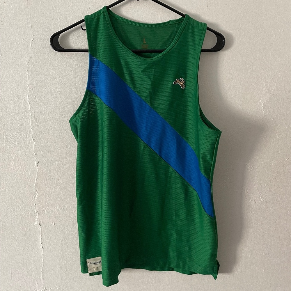 Tracksmith VC singlet in green and blue, Womens L